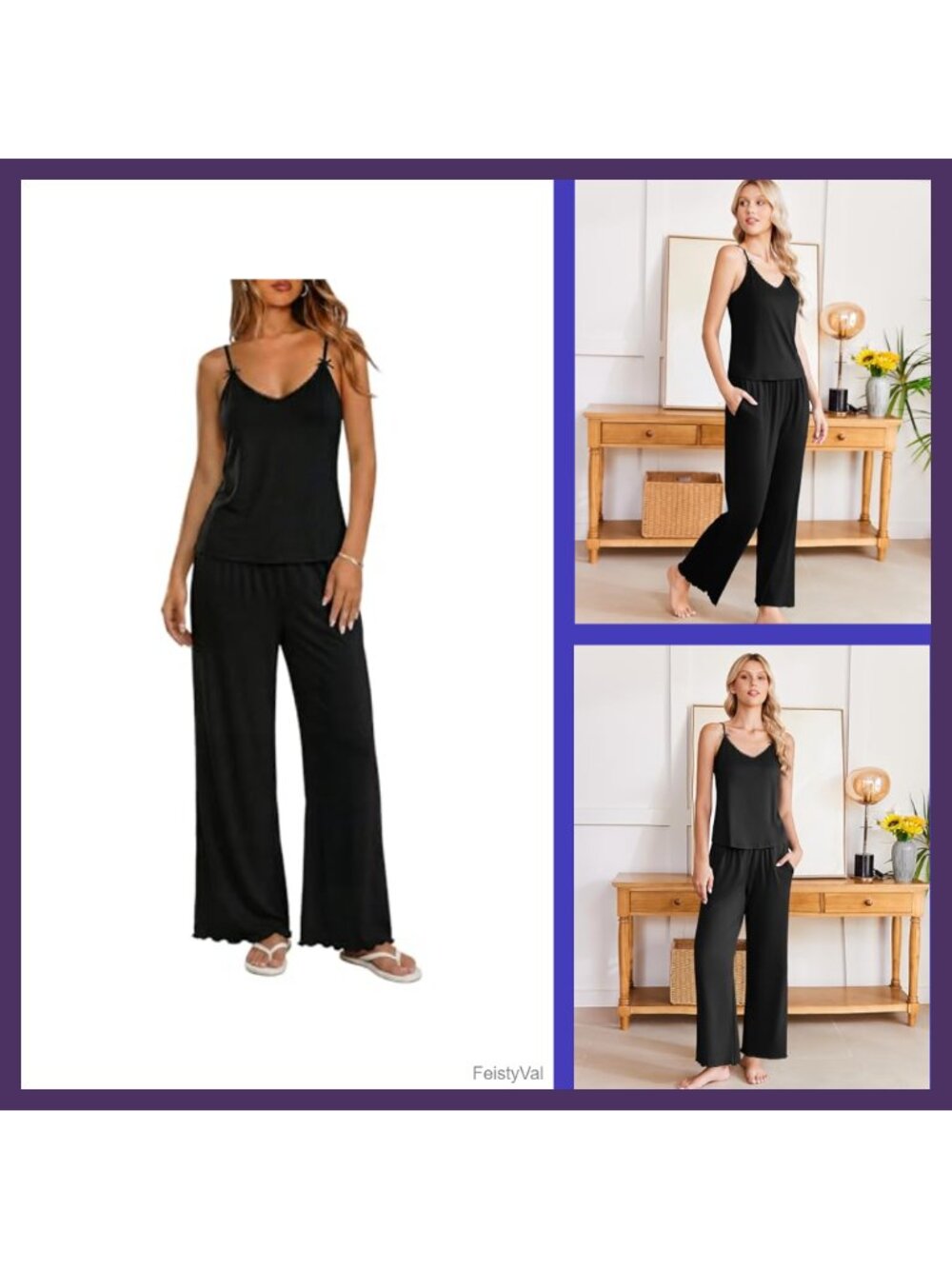 Ekouaer Cami Pajama Set Lace Trim Spaghetti Strap Flare Pants Sleepwear